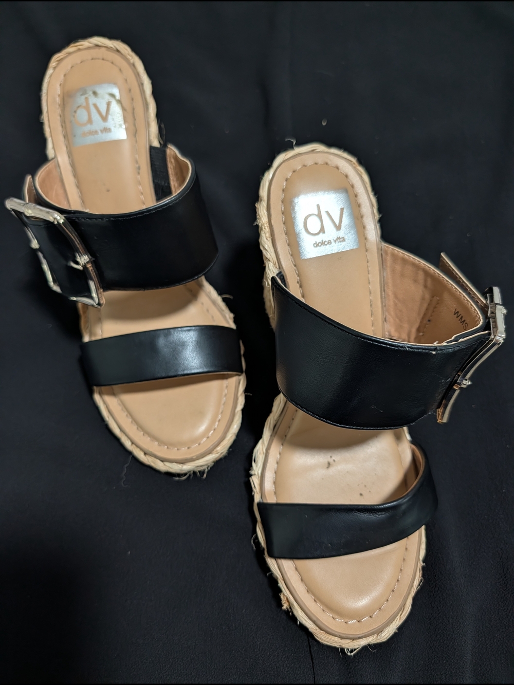 Dolce Vita Black and Tan Espadrille Buckle Slide Sandals